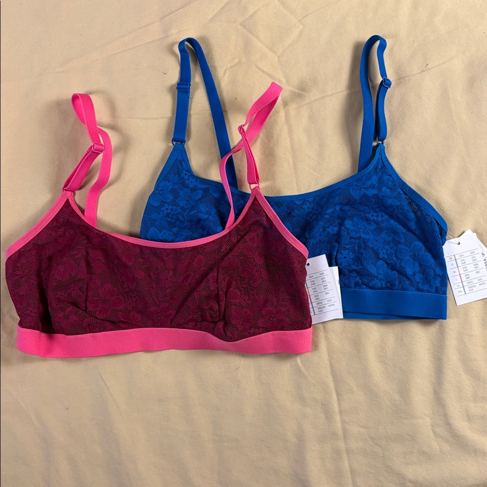 NWT Auden Lace Bralette 2-Pack Set - Cherry Pink and Blue Wireless Mesh - Medium